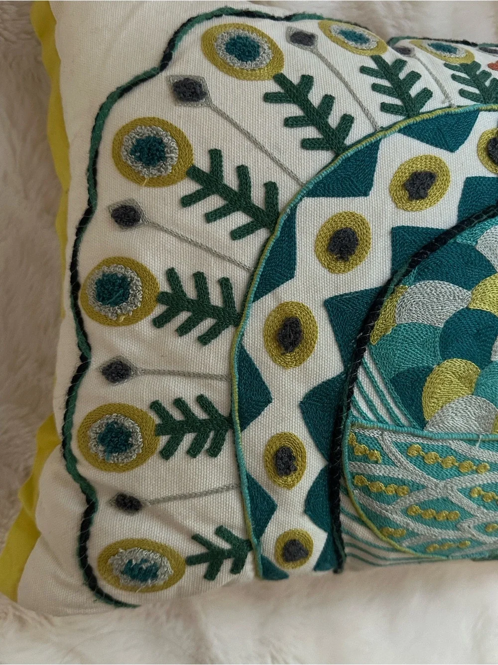 NWT Pier 1 Embroidered Peacock Throw Pillow Boho Decor Teal Green Yellow Accent